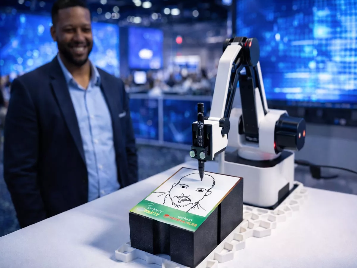 AI caricature robot activation at a modern tech conference engaging attendees with live sketch drawings