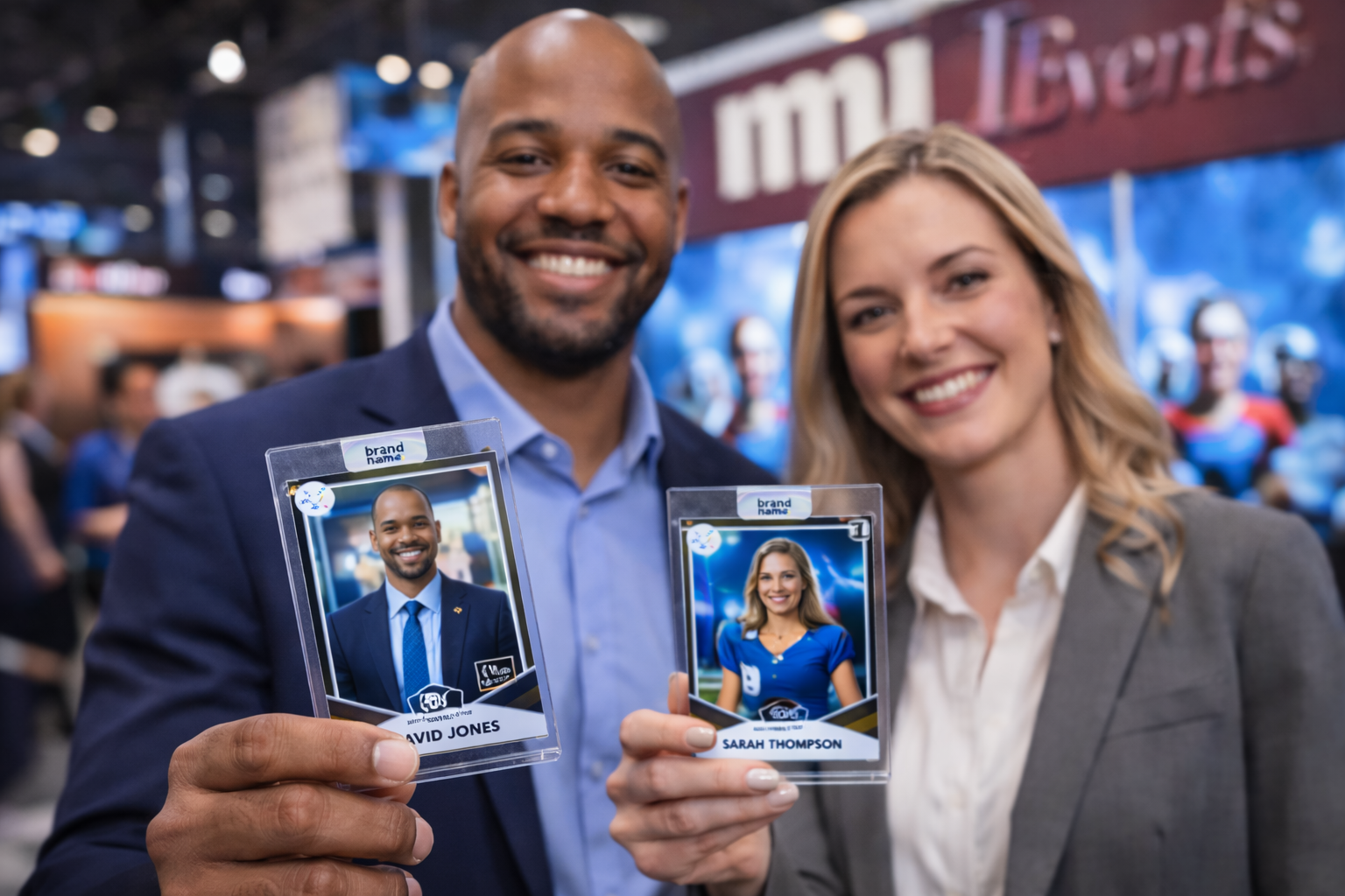 Corporate professionals showcasing custom AI trading card activation at convention